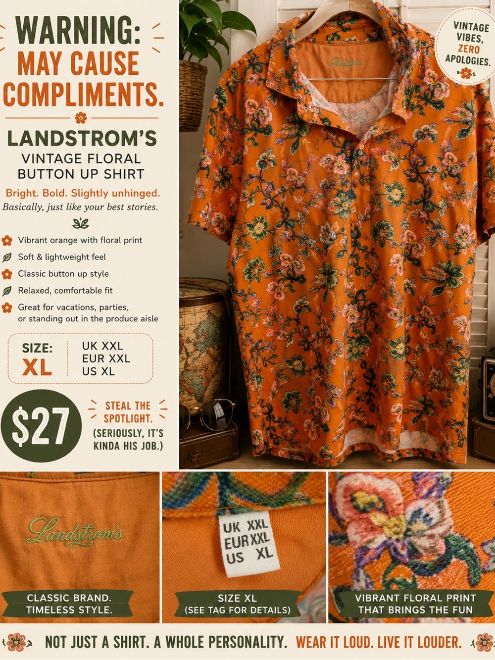Landstrom's Men's Vintage Floral Polo Shirt in 🍊 May cause compliments